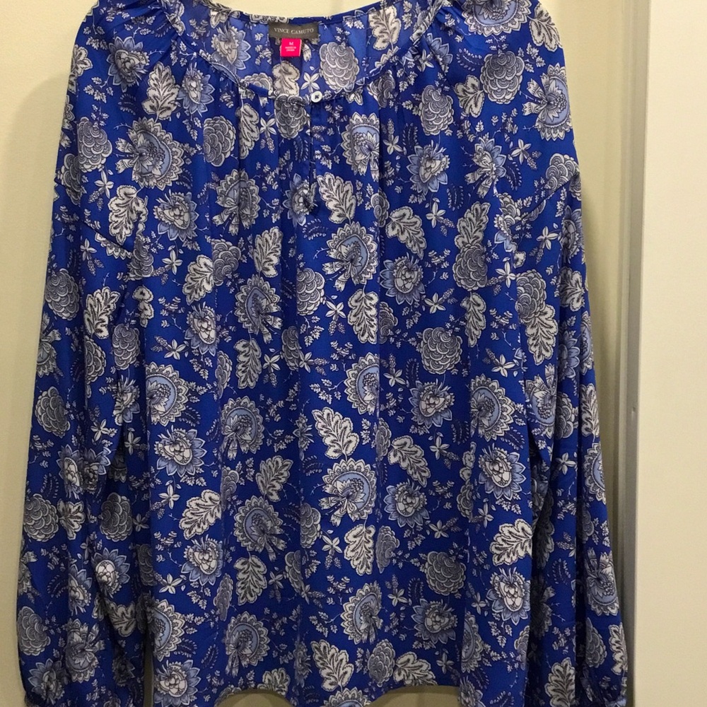 Vince Camuto Blue and White Floral Button-Front Blouse